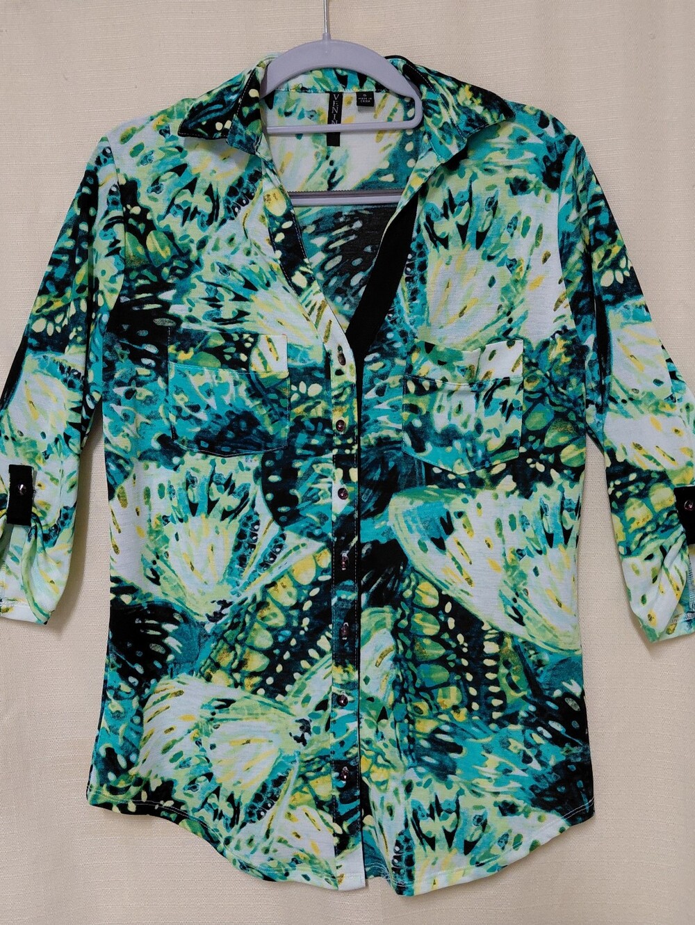 *Venini Y2K Turquoise, Teal & Black Printed Button-Front Blouse 3/4 Sleeve (S)